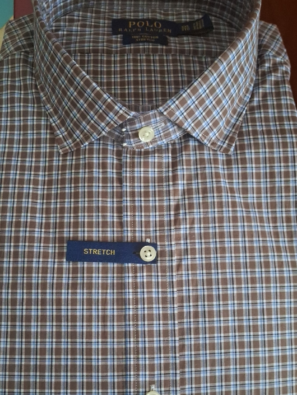 Polo by Ralph Lauren Brown and Light Blue Plaid Stretch Dress Shirt